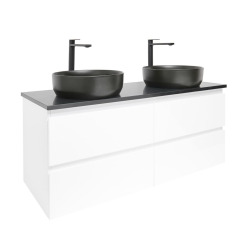 Ensemble meuble avec plan en pierre reconstituée Technistone et 2 mitigeurs et 2 vasques - SAT - B-Way - 119x50x45 - Blanc