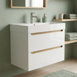 Meuble de salle de bain suspendu 80x60x45 cm - blanc laqué - 2 tiroirs - vasque céramique SAT Infinitio - Naturel Stilla