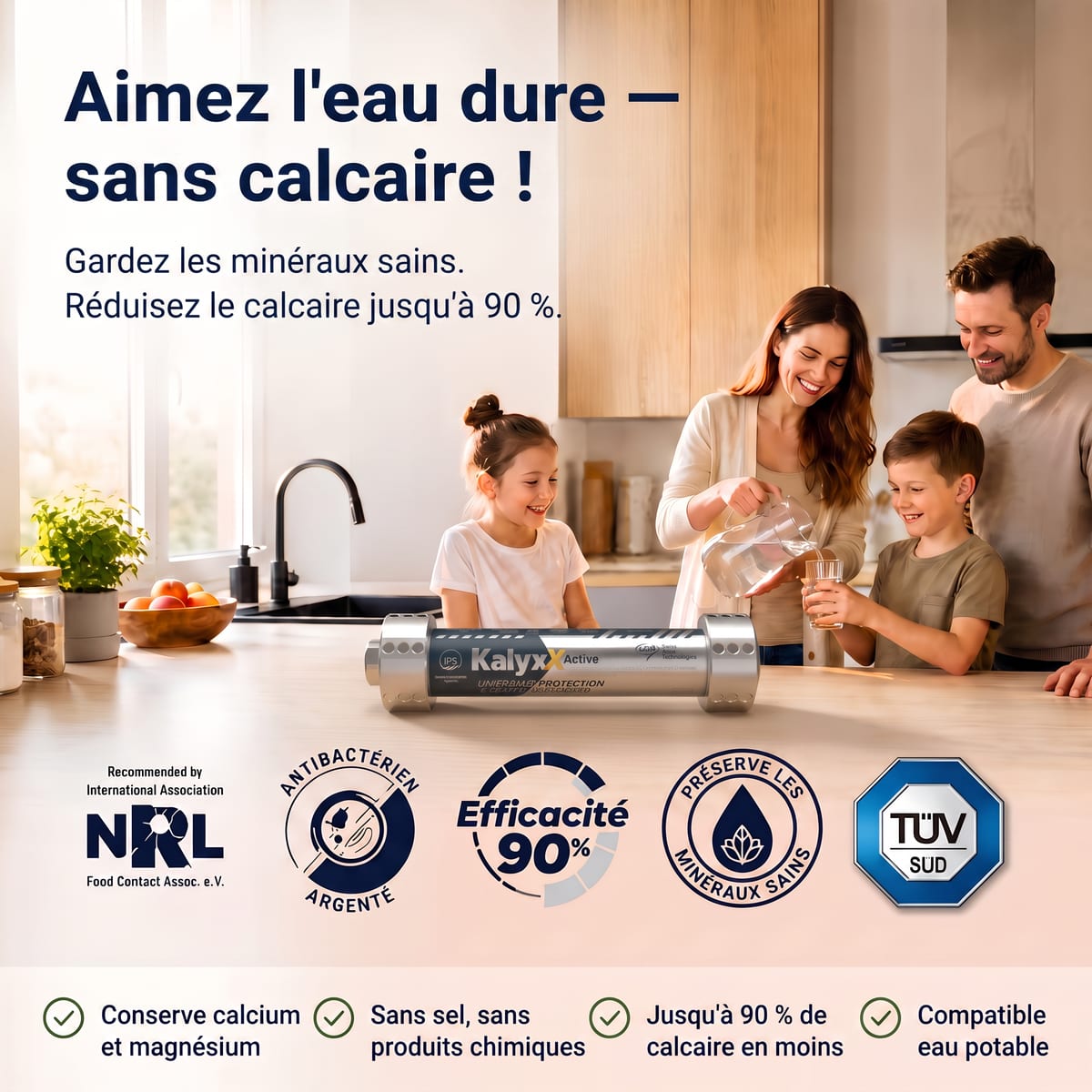 Famille dans la cuisine avec KalyxX Active, labels NRL, antibactérien, efficacité 90 %