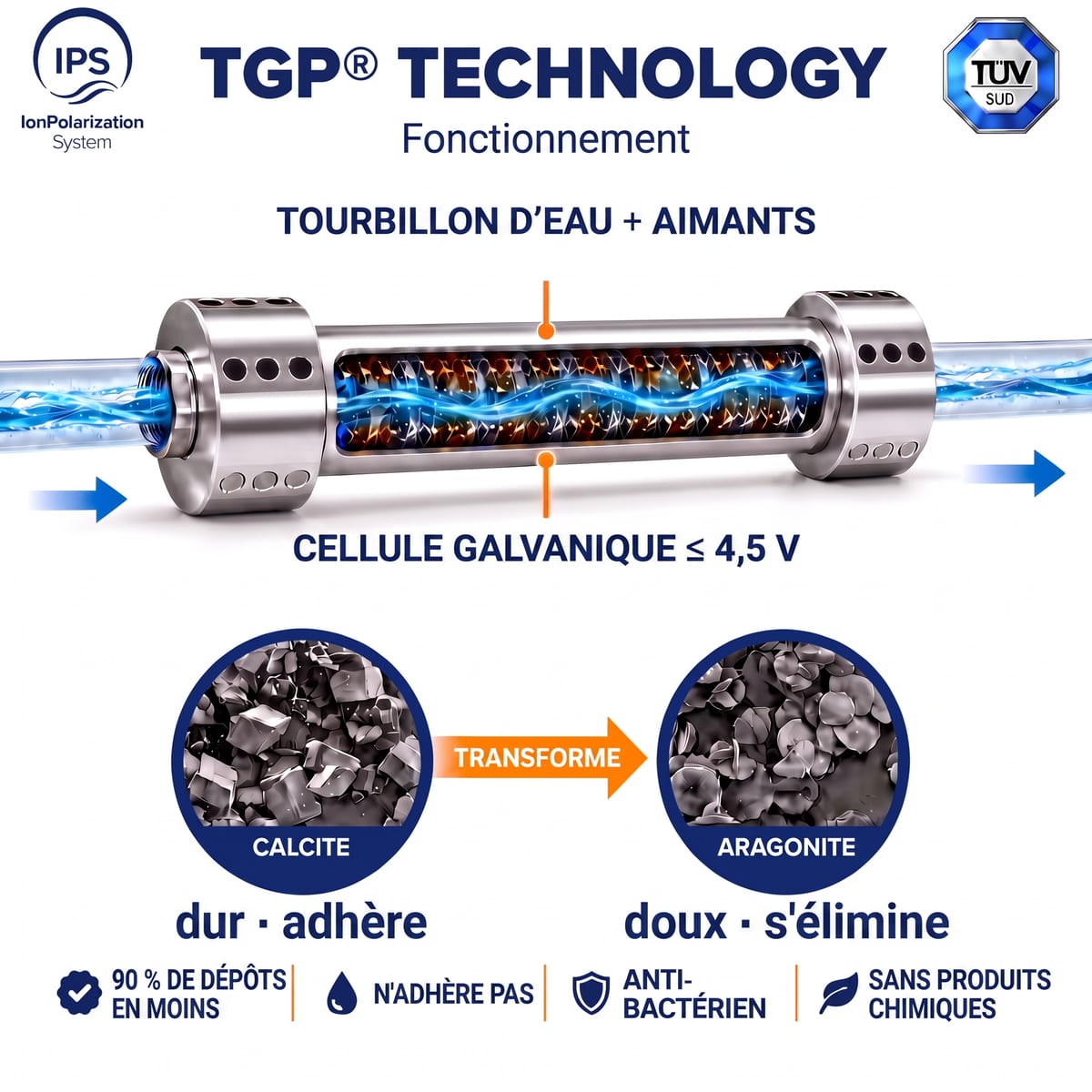 Schéma TGP : tourbillon, cellule galvanique, calcite vers aragonite